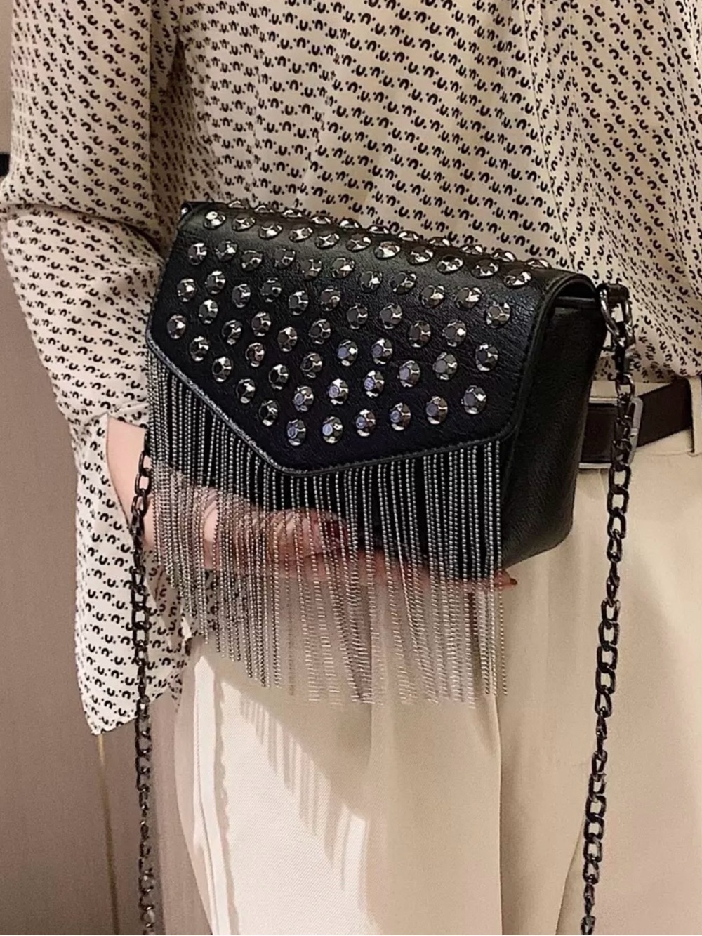 Black Studded Crossbody with Silver Fringe